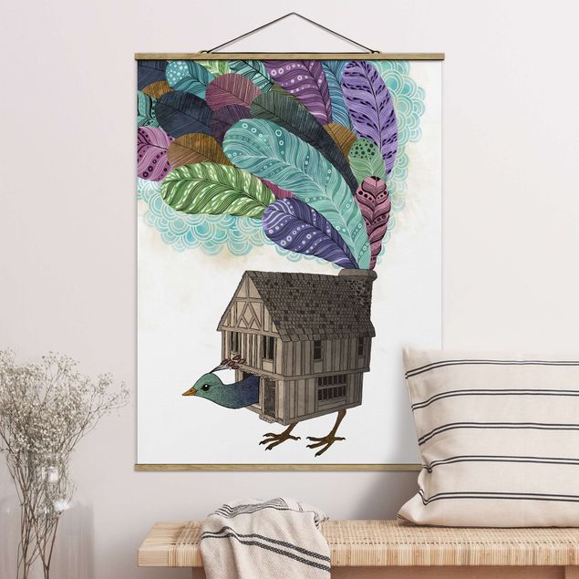 Stoffen schilderij met posterlijst Illustration Birdhouse With Feathers