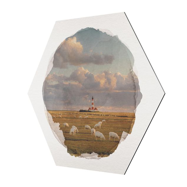 Hexagons Aluminium Dibond schilderijen WaterColours - North Sea Lighthouse With Sheep Herd