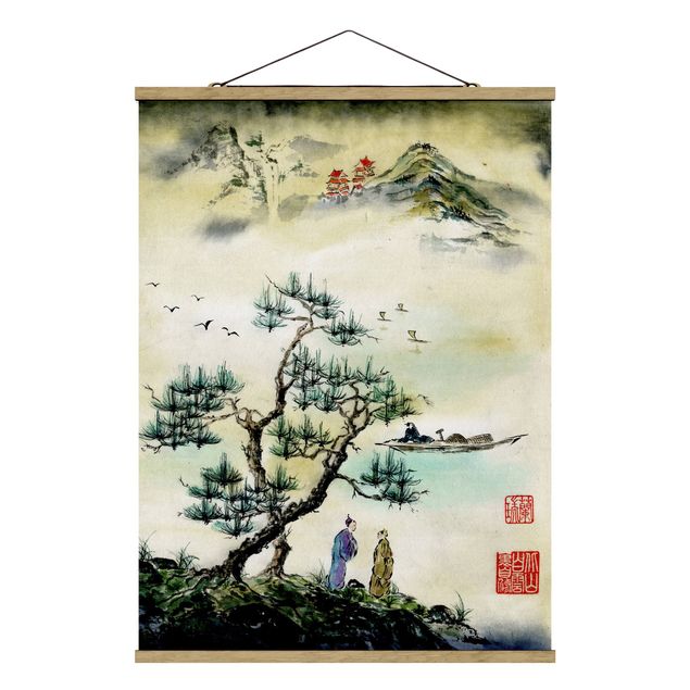 Stoffen schilderij met posterlijst Japanese Watercolour Drawing Pine And Mountain Village