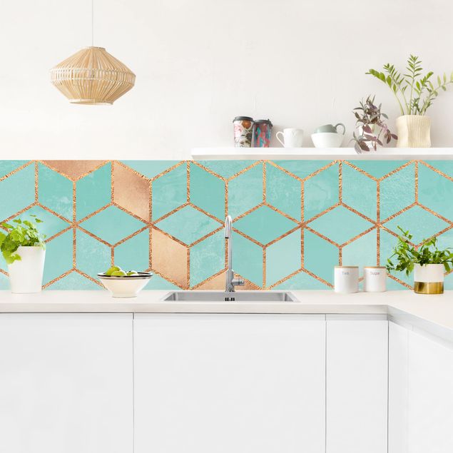 Achterwand voor keuken abstract Turquoise White Golden Geometry