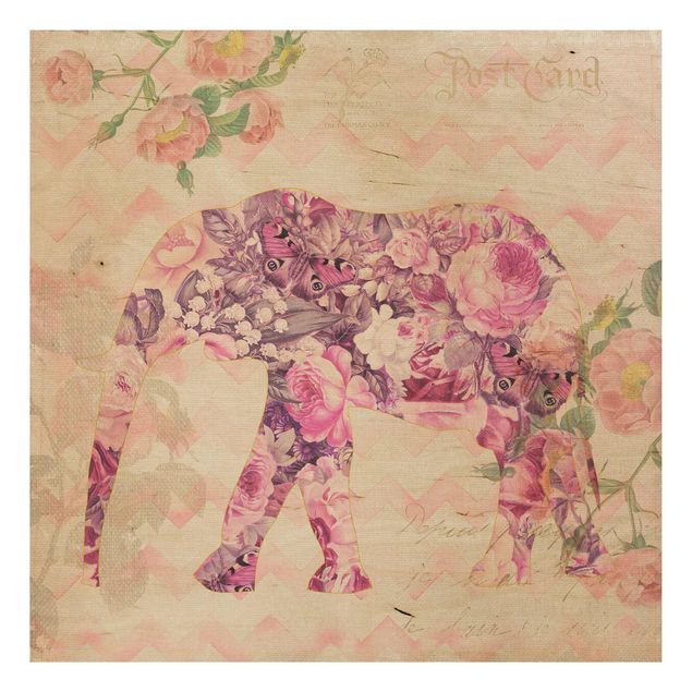 Houten schilderijen Vintage Collage - Pink Flowers Elephant