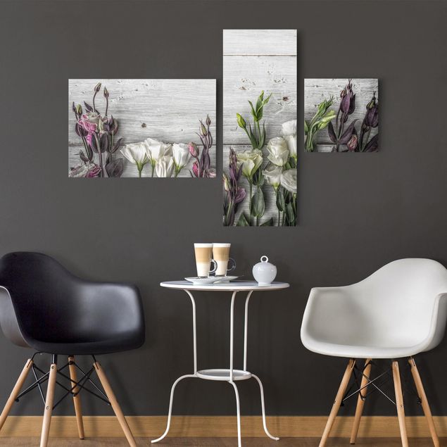 Canvas schilderijen - 3-delig Tulip Rose Shabby Wood Look