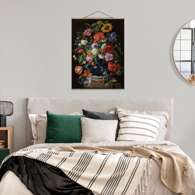 Stoffen schilderij met posterlijst Jan Davidsz de Heem - Tulips, a Sunflower, an Iris and other Flowers in a Glass Vase on the Marble Base of a Column