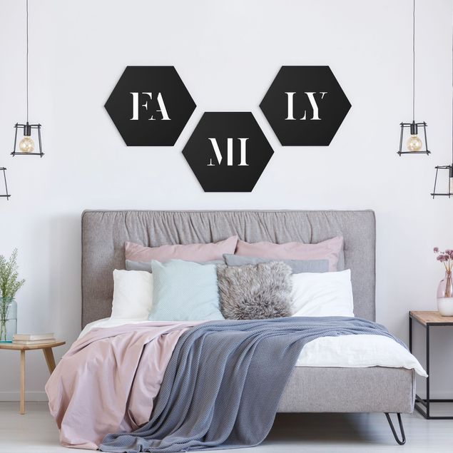 Hexagons Aluminium Dibond schilderijen - 3-delig Letters FAMILY White Set I