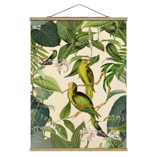 Stoffen schilderij met posterlijst Vintage Collage - Parrots In The Jungle