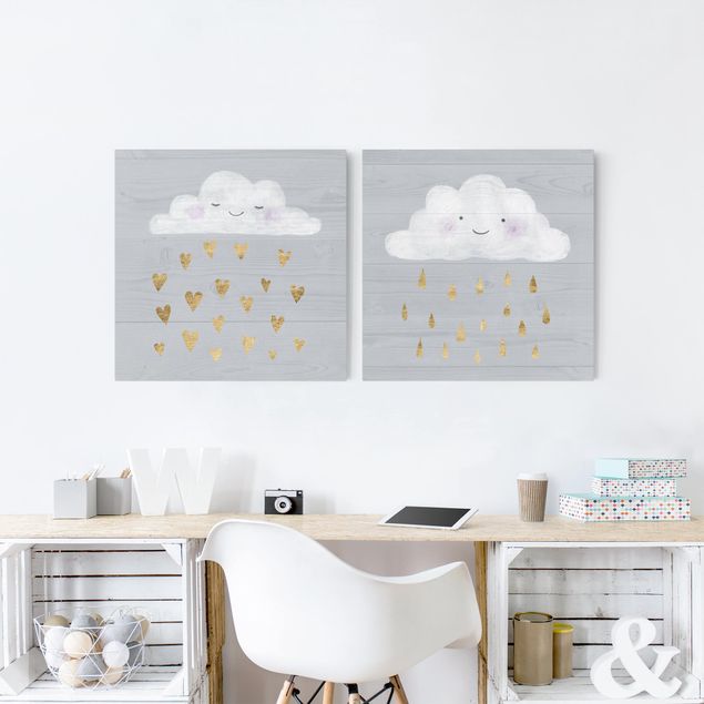 Canvas schilderijen - 2-delig  Clouds With Golden Heart And Drops Set I