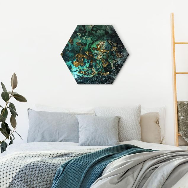 Hexagons Aluminium Dibond schilderijen Golden Sea Islands Abstract