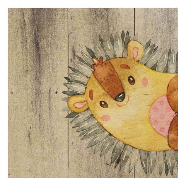 Houten schilderijen Watercolour Hedgehog On Wood