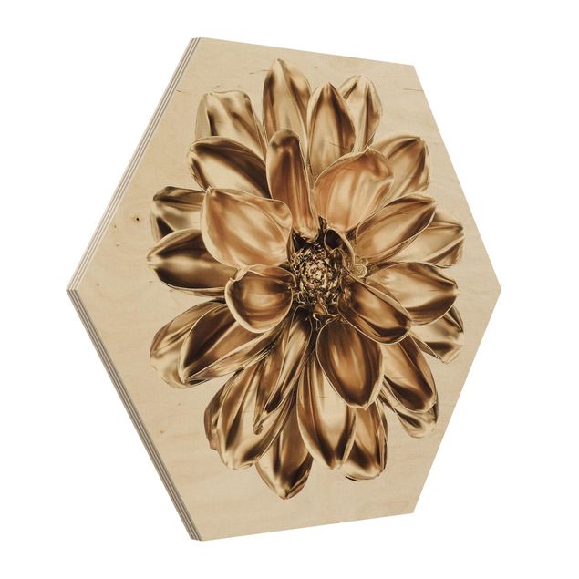 Hexagons houten schilderijen Dahlia Flower Gold Metallic