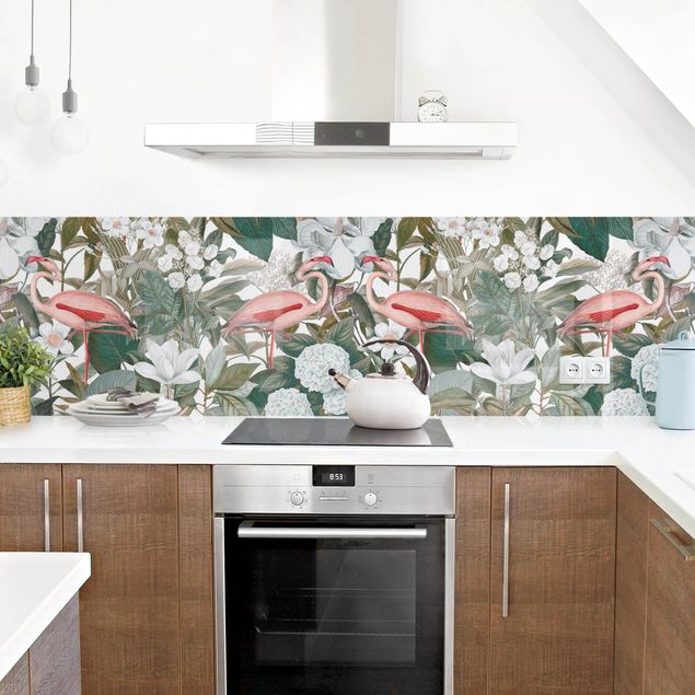 Achterwand in keuken Pink Flamingos With Leaves And White Flowers