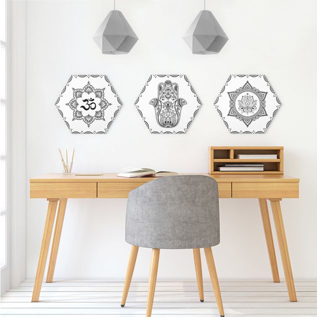 Hexagons Aluminium Dibond schilderijen - 3-delig Hamsa Hand Lotus OM Illustration Set Black And White