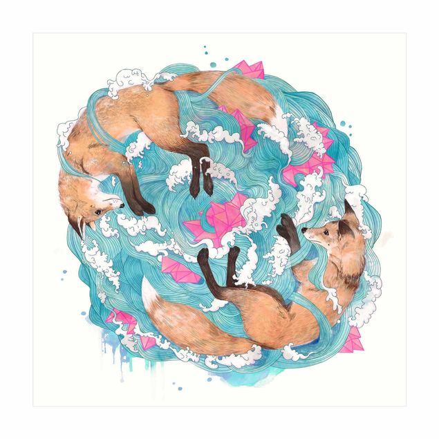 Vinyl tapijt Illustration Foxes And Waves Painting