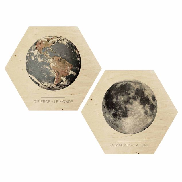 Hexagons houten schilderijen - 2-delig Moon And Earth