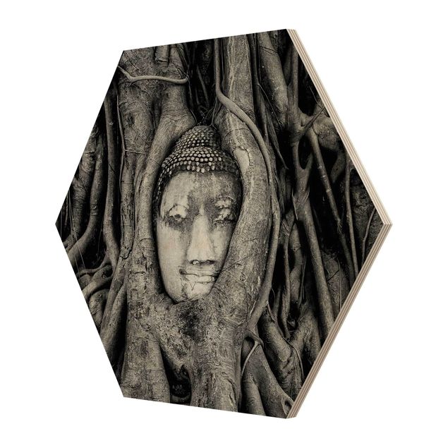 Hexagons houten schilderijen Buddha In Ayutthaya Lined From Tree Roots In Black And White