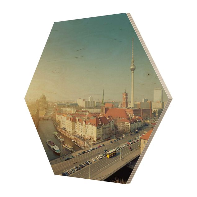 Hexagons houten schilderijen Berlin In The Morning