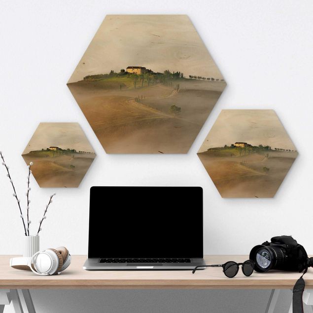 Hexagons houten schilderijen Morning Fog In The Tuscany