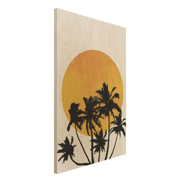 Houten schilderijen Palm Trees In Front Of Golden Sun