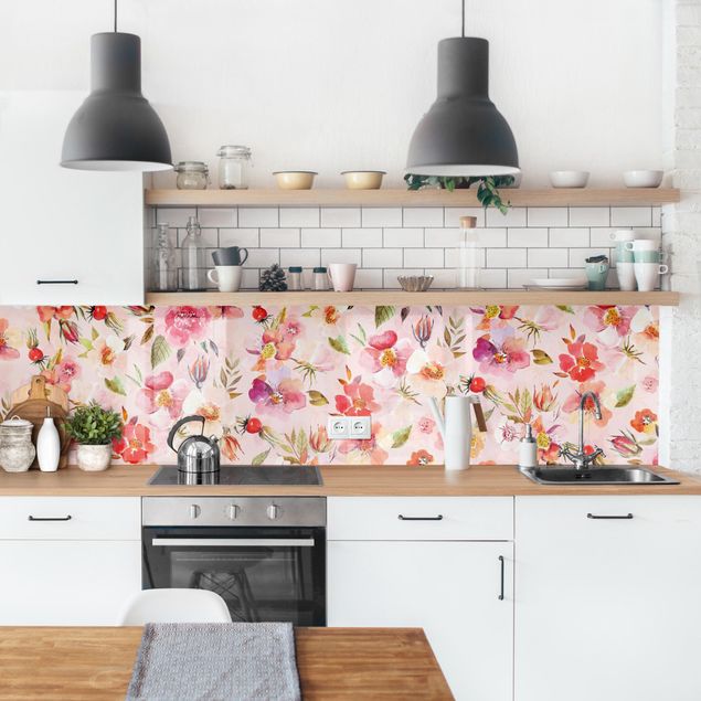 Achterkant keuken Watercolour Flowers On Light Pink