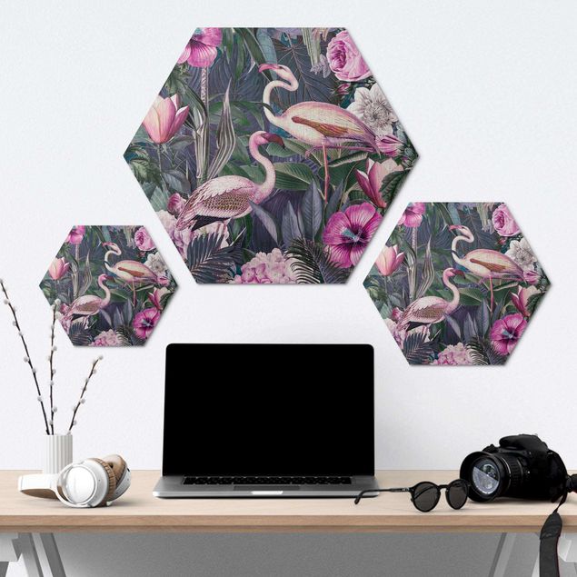 Hexagons Aluminium Dibond schilderijen Colourful Collage - Pink Flamingos In The Jungle