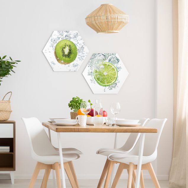 Hexagons Aluminium Dibond schilderijen - 2-delig Kiwi And Lime Bubbles