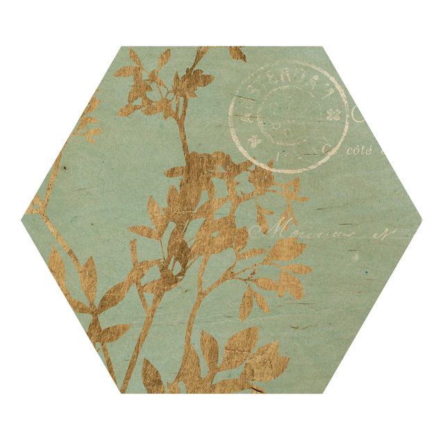 Hexagons houten schilderijen Golden Leaves On Turquoise I