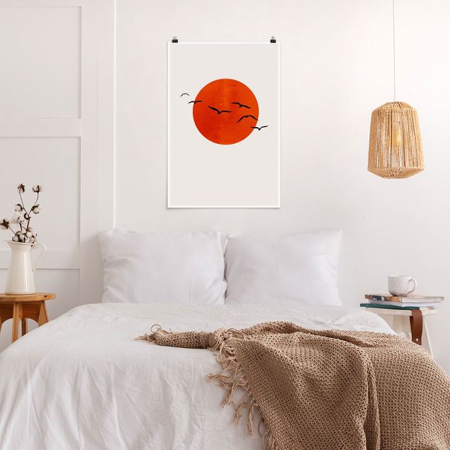 Posters Flock Of Birds In Front Of Red Sun I