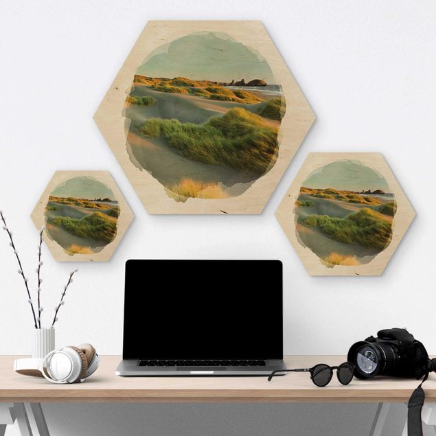 Hexagons houten schilderijen WaterColours - Dunes And Grasses At The Sea