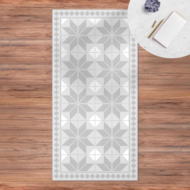 Loper tapijt Geometrical Tiles Star Flower Grey With Narrow Border