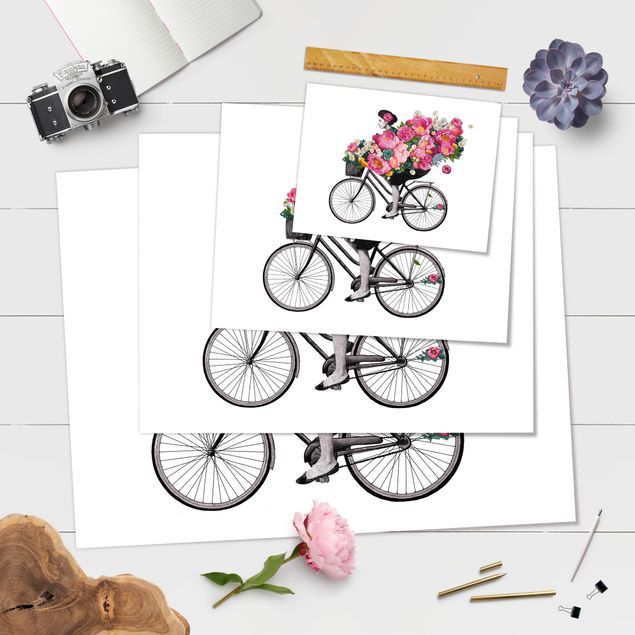 Posters Illustration Woman On Bicycle Collage Colourful Flowers