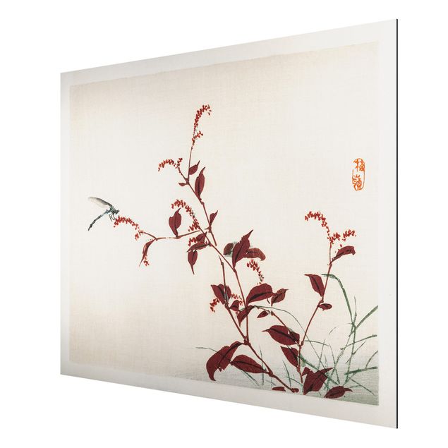 Aluminium Dibond schilderijen Asian Vintage Drawing Red Branch With Dragonfly