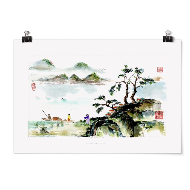 Posters Japanese Watercolour Drawing Lake And Mountains