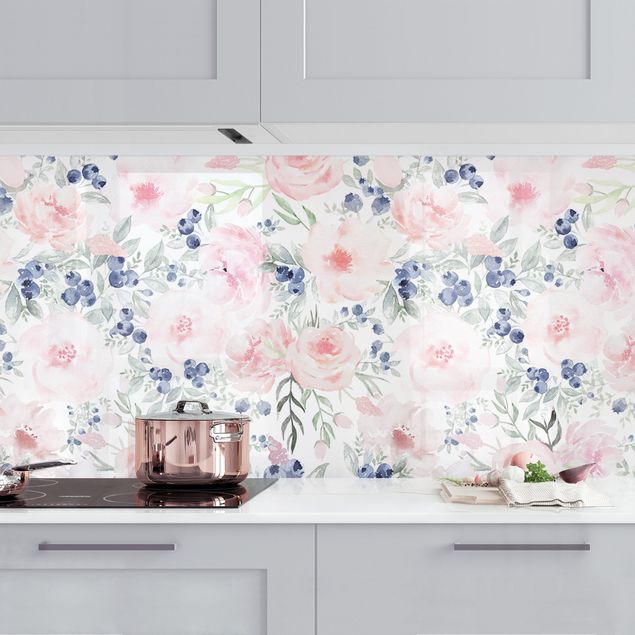 Achterwand voor keuken bloemen Pink Roses With Blueberries In Front Of White