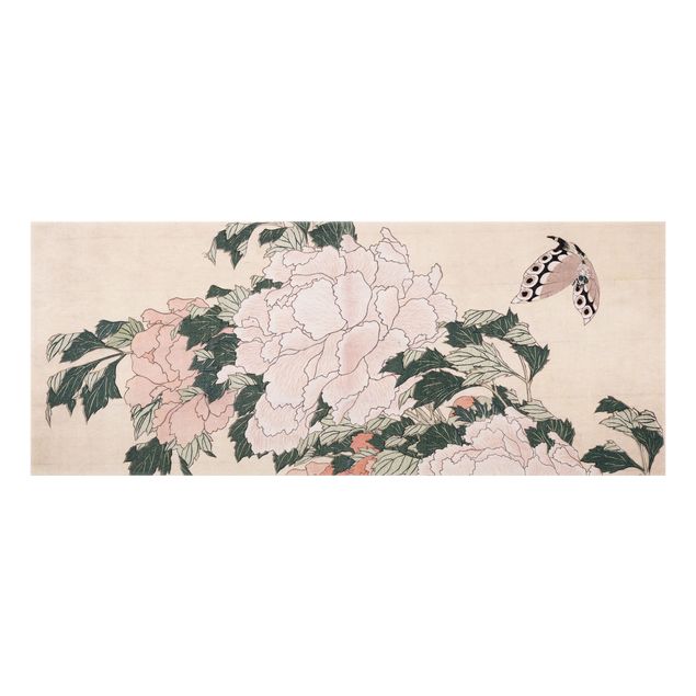 Spatscherm keuken Katsushika Hokusai - Pink Peonies With Butterfly