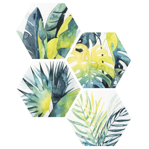 Hexagons Aluminium Dibond schilderijen - 4-delig Tropical Foliage Set I