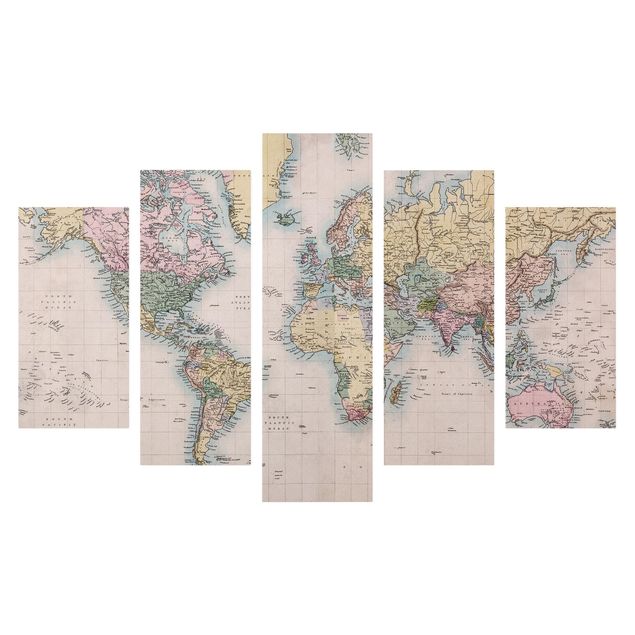 Canvas schilderijen - 5-delig Vintage World Map Around 1850