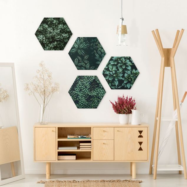 Hexagons Aluminium Dibond schilderijen - 4-delig Green Leaves Set I