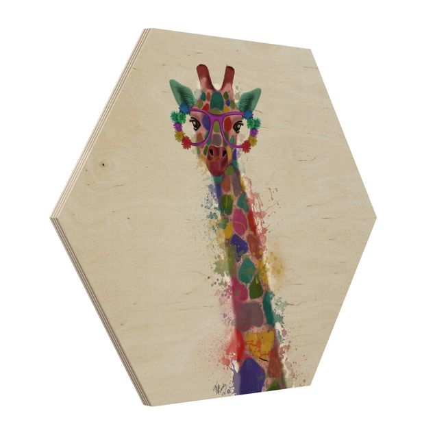 Hexagons houten schilderijen Rainbow Splash Giraffe