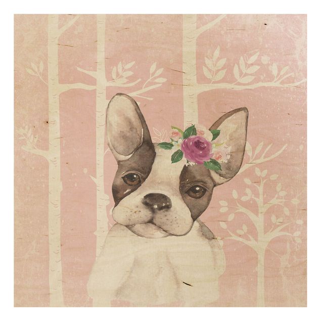 Houten schilderijen Watercolour Pug Light Pink