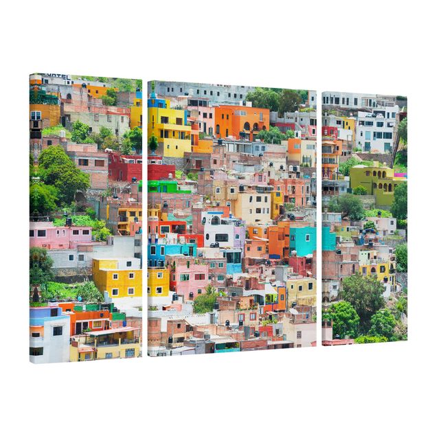 Canvas schilderijen - 3-delig Coloured Houses Front Guanajuato