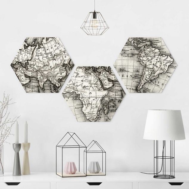 Hexagons Aluminium Dibond schilderijen - 3-delig Old World Map Details