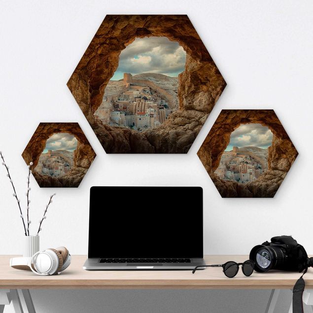 Hexagons houten schilderijen View Of A Monastery