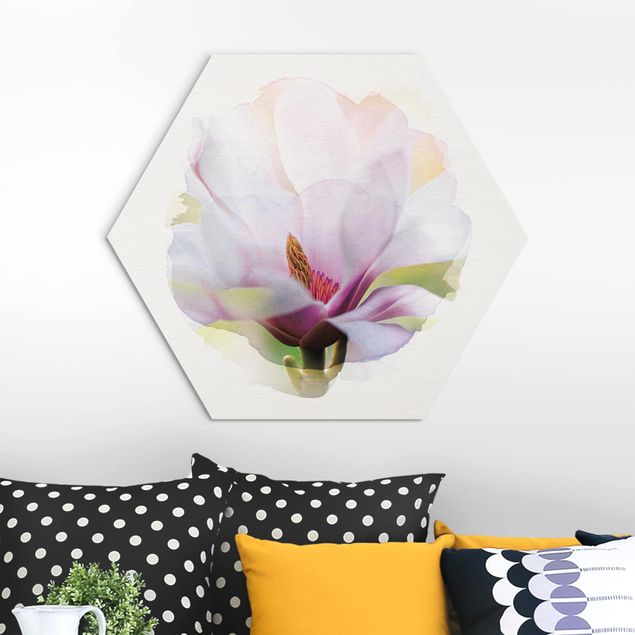 Hexagons Aluminium Dibond schilderijen WaterColours - Delicate Magnolia Blossom