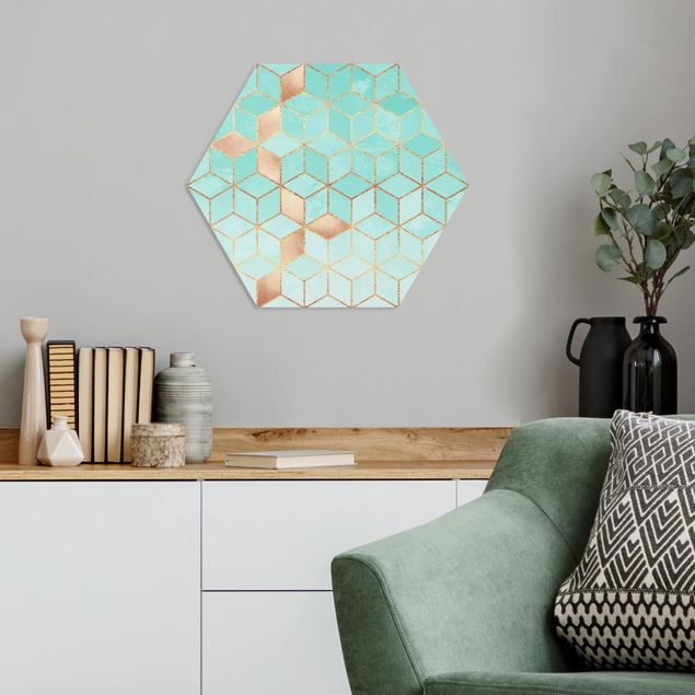 Hexagons Forex schilderijen Turquoise White Golden Geometry