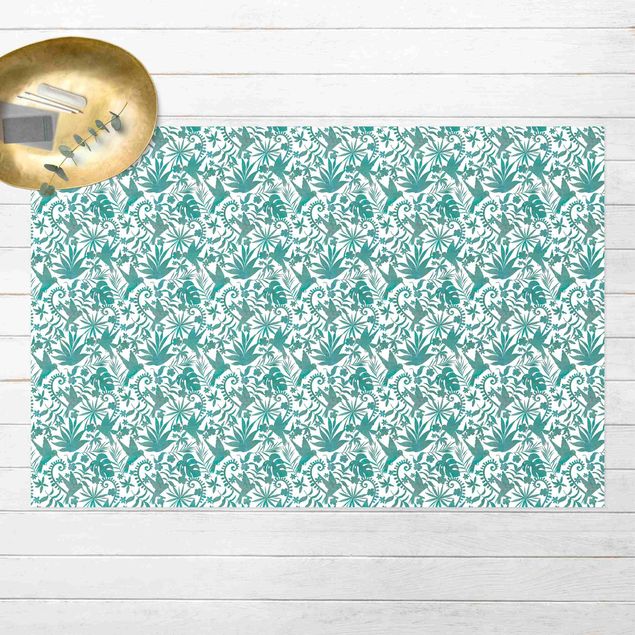 balkon tapijt Watercolour Hummingbird And Plant Silhouettes Pattern In Turquoise