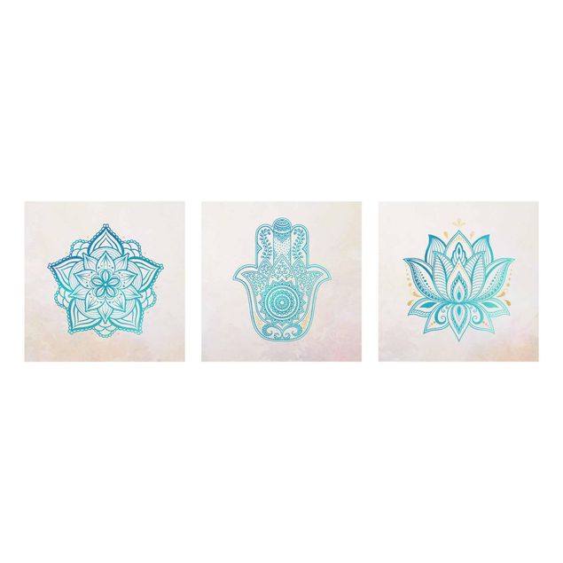 Glasschilderijen - 3-delig Mandala Hamsa Hand Lotus Set Gold Blue
