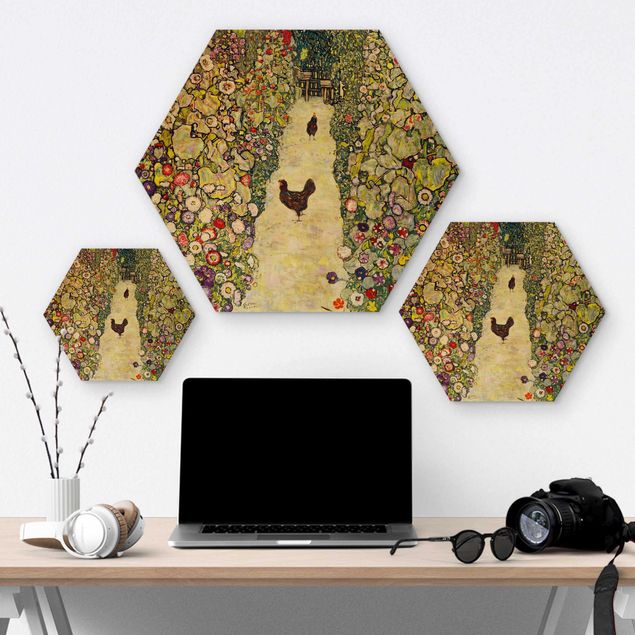 Hexagons houten schilderijen Gustav Klimt - Garden Path with Hens