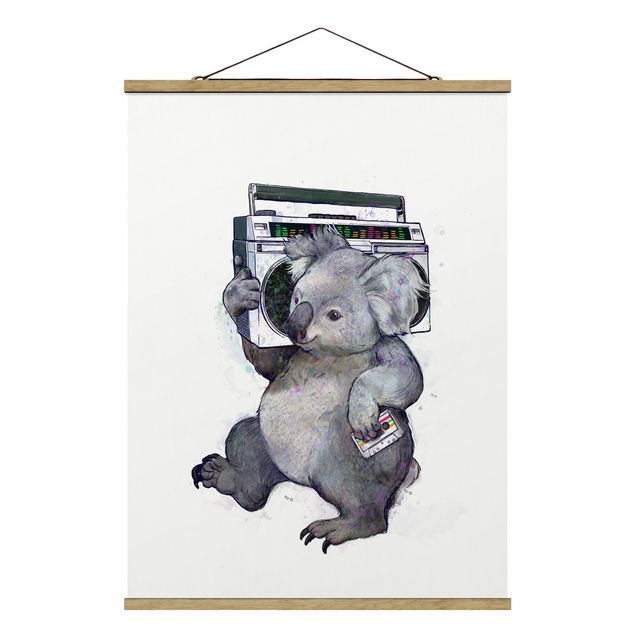 Stoffen schilderij met posterlijst Illustration Koala With Radio Painting