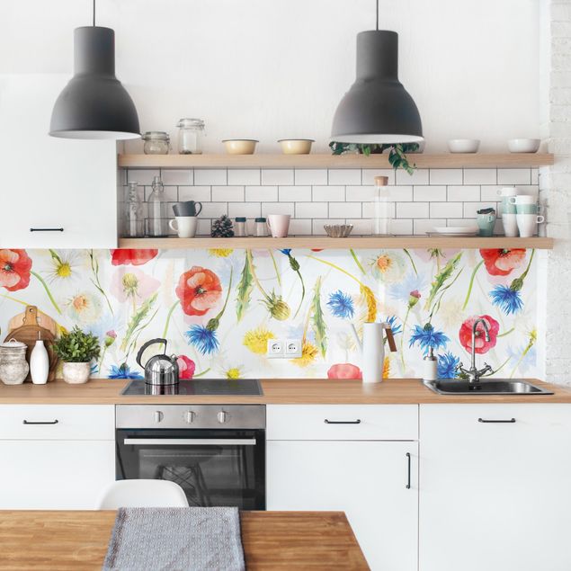 Achterwand voor keuken patroon Watercolour Wild Flowers With Poppies