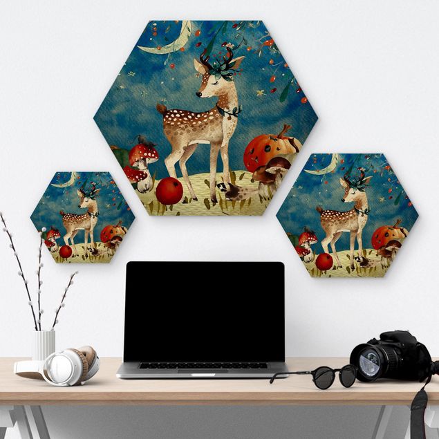Hexagons houten schilderijen Watercolor Deer In The Moonlight