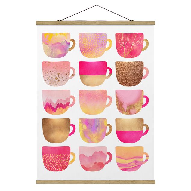 Stoffen schilderij met posterlijst Golden Mugs With Light Pink